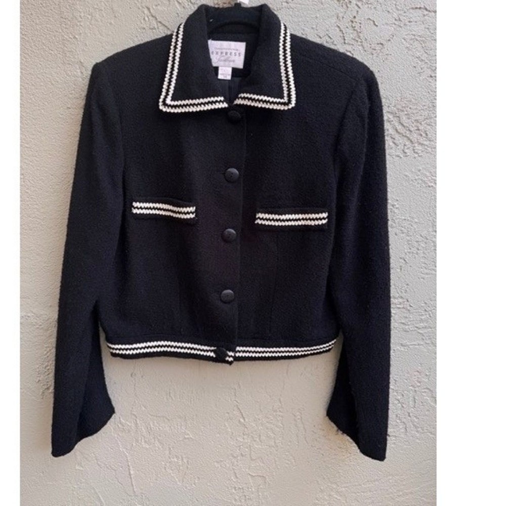 Vintage Express Black White Tailleur Cropped Boucle Jacket SZ 8 Preppy Academia